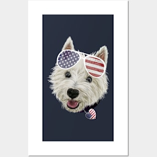 Westie Dog Fourth Of July USA Flag Glasses And Heart Posters and Art